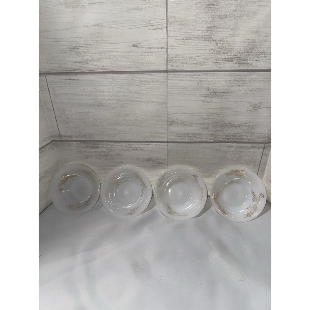 Federal White Milk Glass w/Golden Glory Bamboo Set of 4 Fruit Berry Dessert Bowl